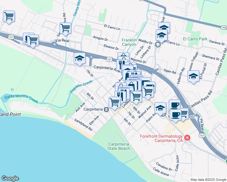 map of restaurants, bars, coffee shops, grocery stores, and more near 838 Holly Avenue in Carpinteria