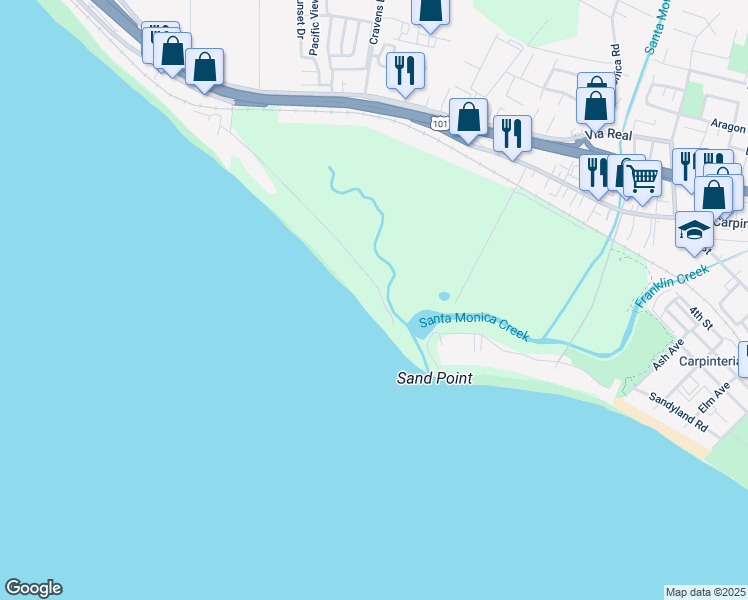 map of restaurants, bars, coffee shops, grocery stores, and more near 571 Sand Point Road in Carpinteria