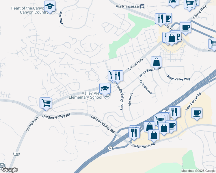 map of restaurants, bars, coffee shops, grocery stores, and more near 19321 Ackerman Avenue in Santa Clarita