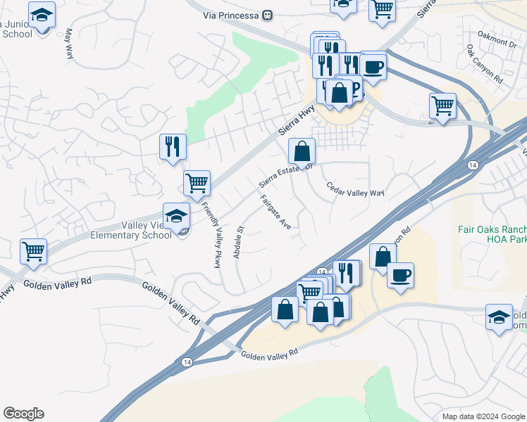 map of restaurants, bars, coffee shops, grocery stores, and more near 19210 Abdale Street in Santa Clarita