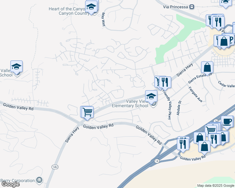 map of restaurants, bars, coffee shops, grocery stores, and more near 26151 Golden Glen Court in Santa Clarita