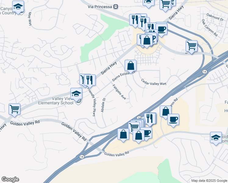 map of restaurants, bars, coffee shops, grocery stores, and more near 19210 Abdale Street in Santa Clarita