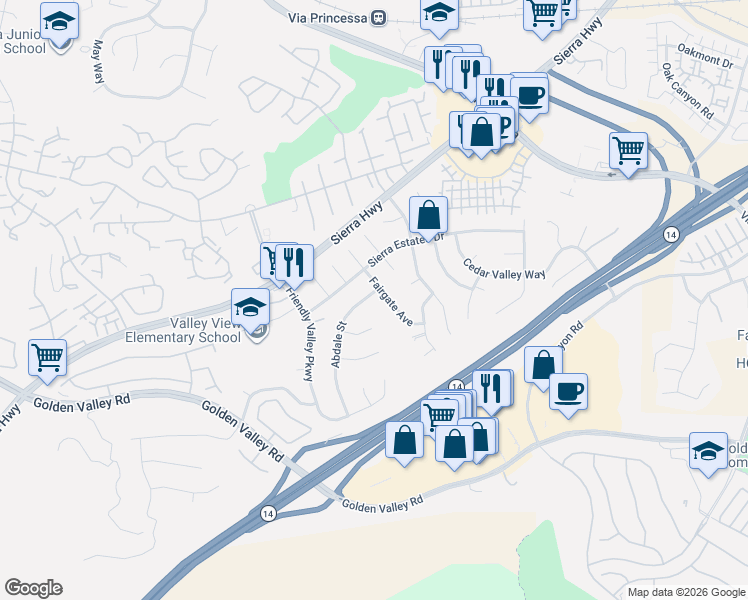 map of restaurants, bars, coffee shops, grocery stores, and more near 19210 Abdale Street in Santa Clarita