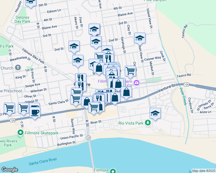 map of restaurants, bars, coffee shops, grocery stores, and more near 327 Main Street in Fillmore