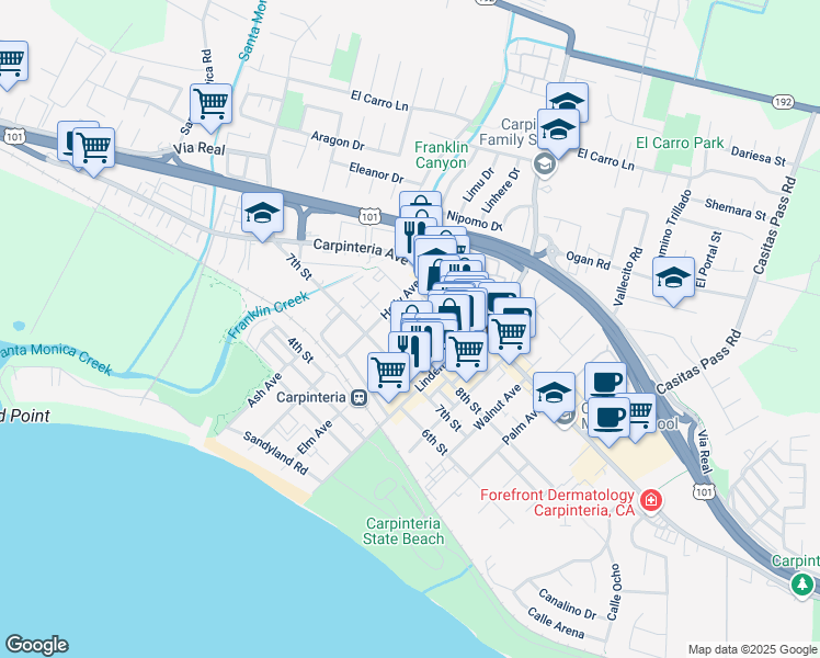 map of restaurants, bars, coffee shops, grocery stores, and more near 838 Holly Avenue in Carpinteria