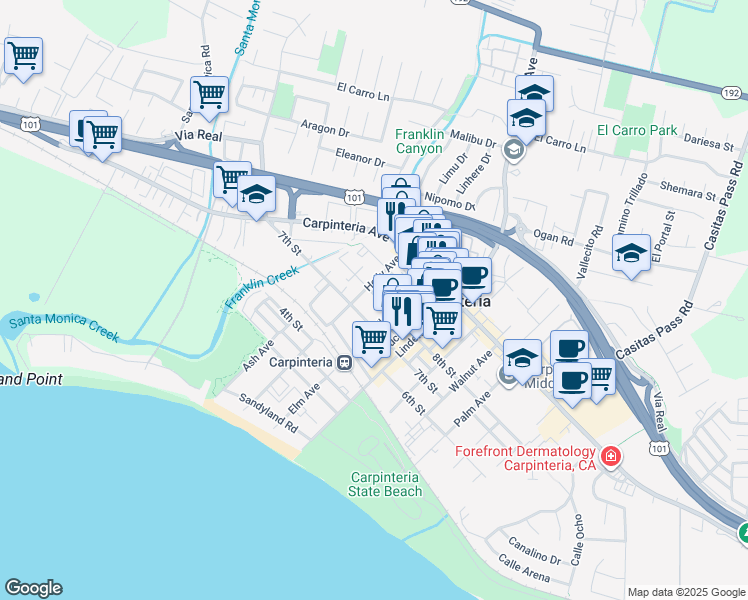 map of restaurants, bars, coffee shops, grocery stores, and more near 838 Holly Avenue in Carpinteria
