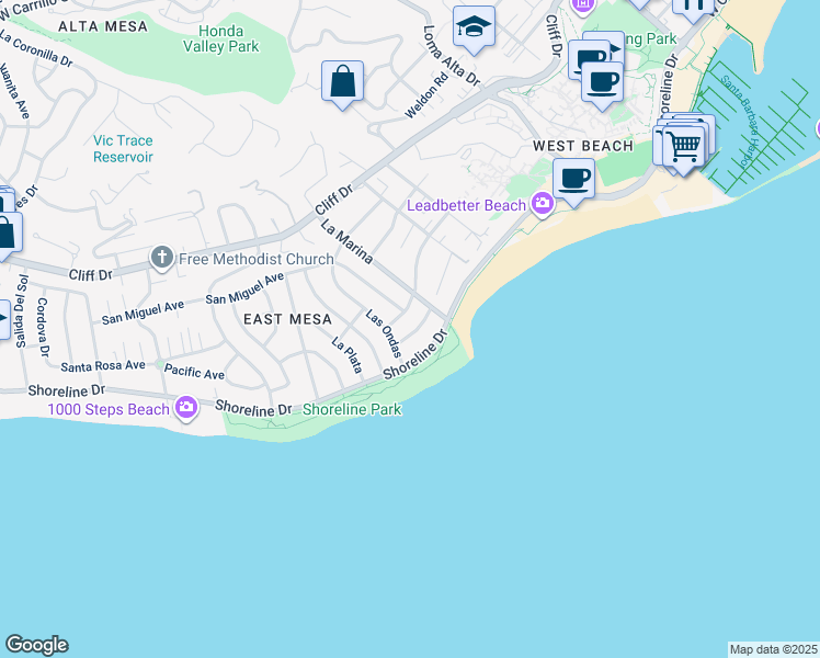 map of restaurants, bars, coffee shops, grocery stores, and more near 1205 Del Mar Avenue in Santa Barbara