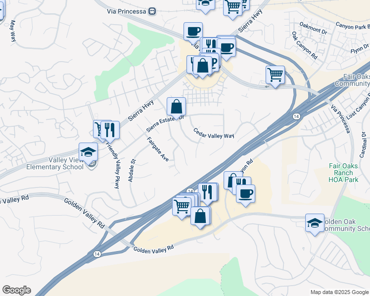 map of restaurants, bars, coffee shops, grocery stores, and more near 26312 Whispering Leaves Drive in Santa Clarita