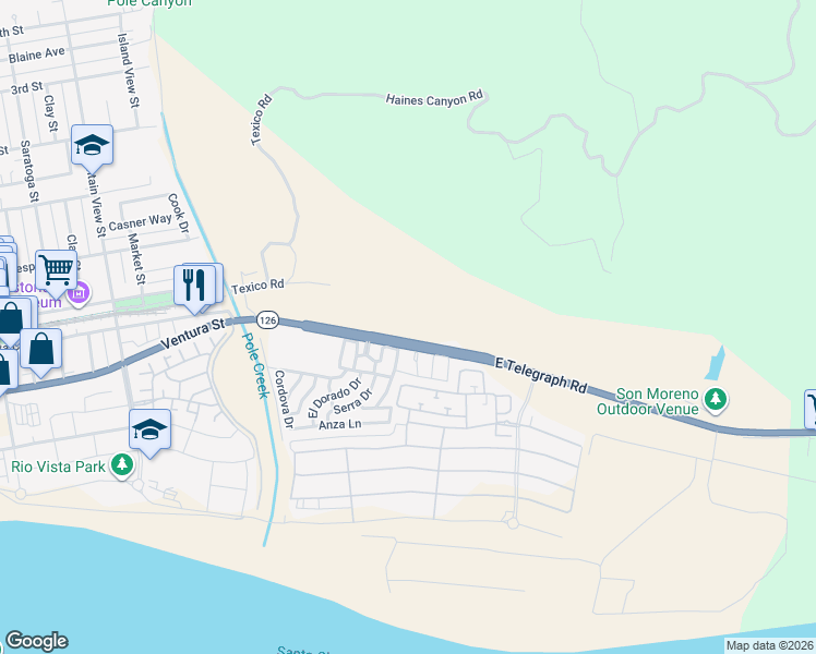 map of restaurants, bars, coffee shops, grocery stores, and more near 251 East Telegraph Road in Fillmore
