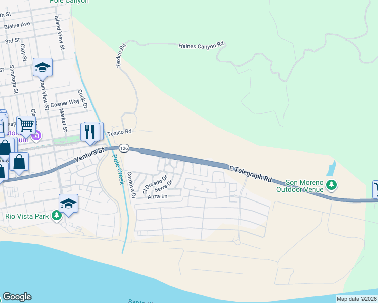 map of restaurants, bars, coffee shops, grocery stores, and more near 251 East Telegraph Road in Fillmore
