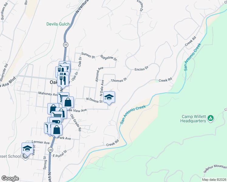 map of restaurants, bars, coffee shops, grocery stores, and more near 616 East Katherine Avenue in Oak View