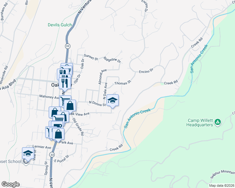 map of restaurants, bars, coffee shops, grocery stores, and more near 616 East Katherine Avenue in Oak View