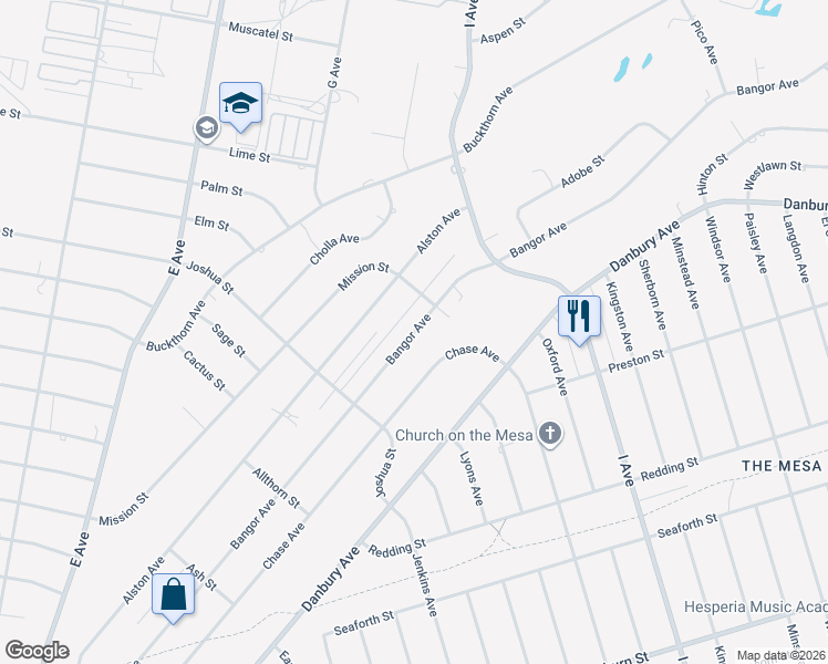 map of restaurants, bars, coffee shops, grocery stores, and more near Bangor Avenue in Hesperia