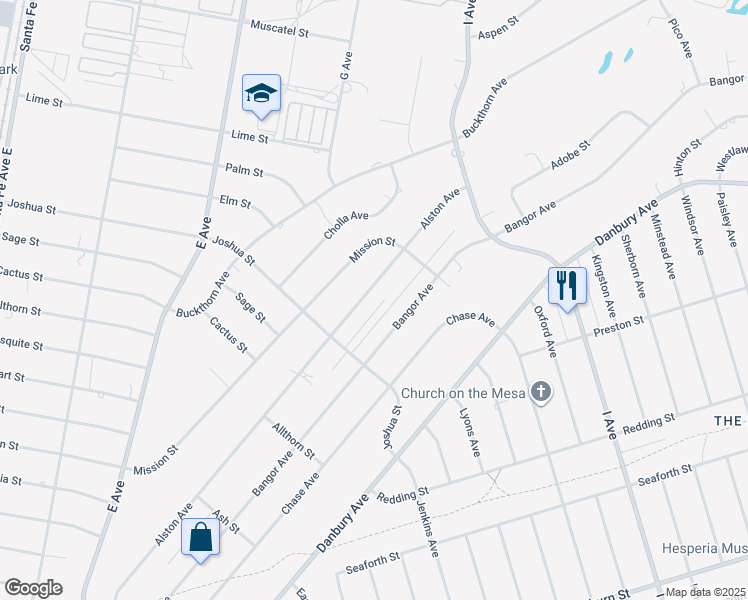 map of restaurants, bars, coffee shops, grocery stores, and more near 8168 Alston Avenue in Hesperia