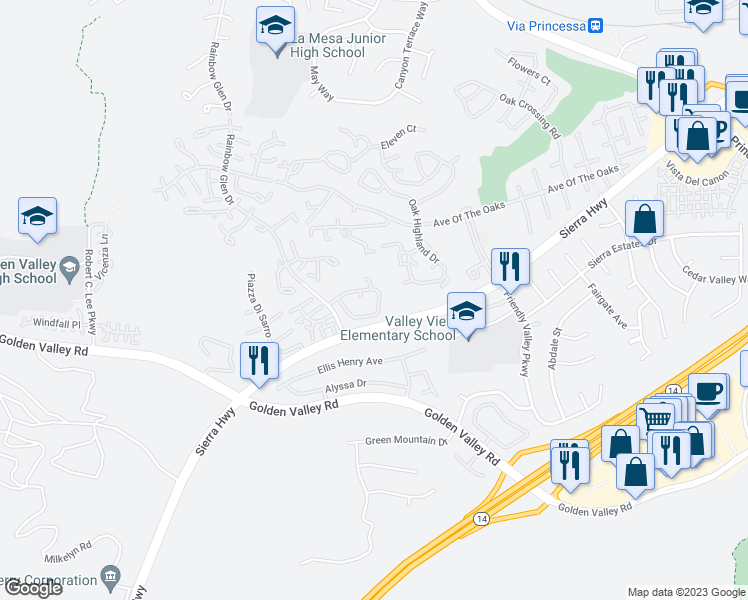 map of restaurants, bars, coffee shops, grocery stores, and more near 19717 Azure Field Drive in Santa Clarita