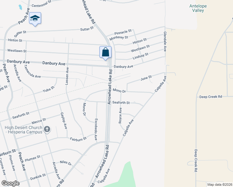 map of restaurants, bars, coffee shops, grocery stores, and more near 18977 Mono Drive in Hesperia