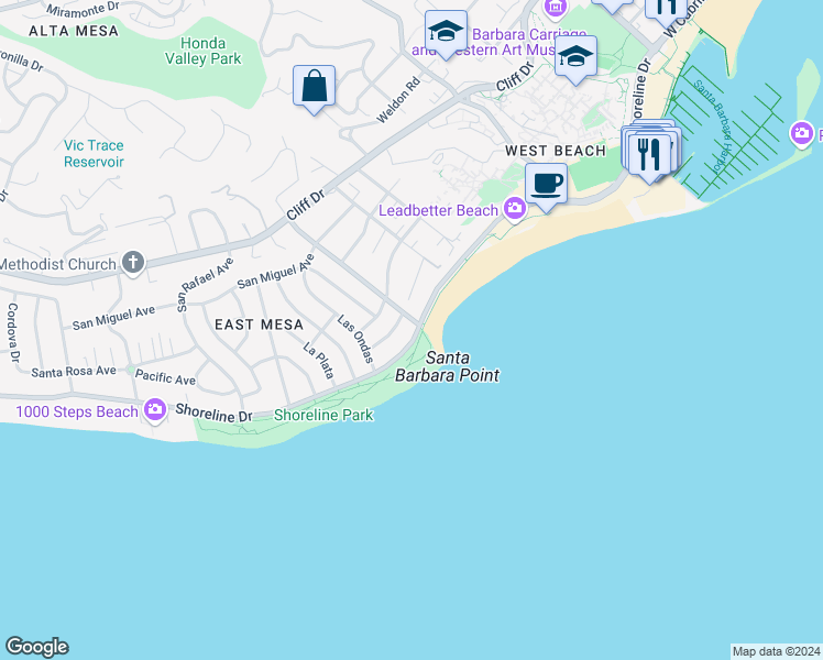 map of restaurants, bars, coffee shops, grocery stores, and more near 1204 Shoreline Drive in Santa Barbara
