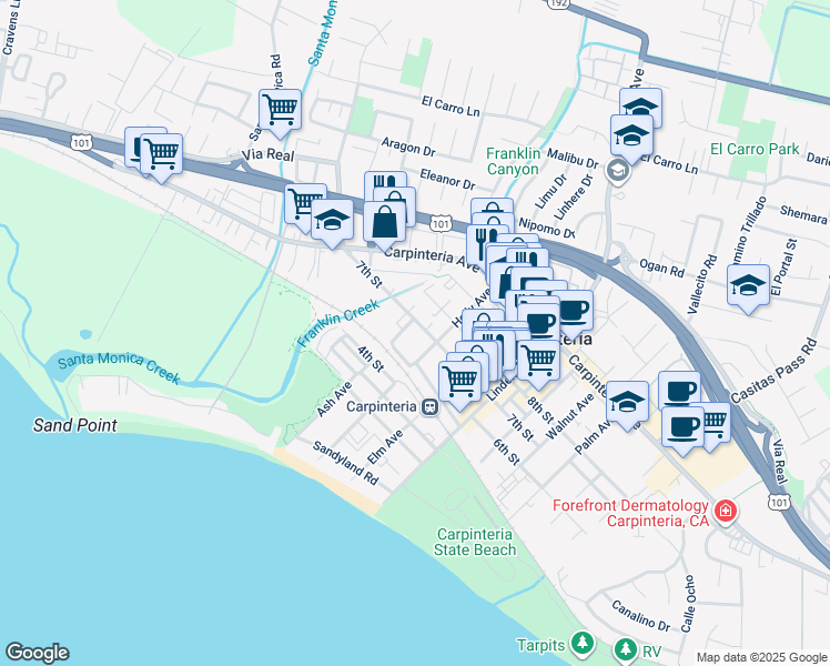 map of restaurants, bars, coffee shops, grocery stores, and more near 4727 7th Street in Carpinteria