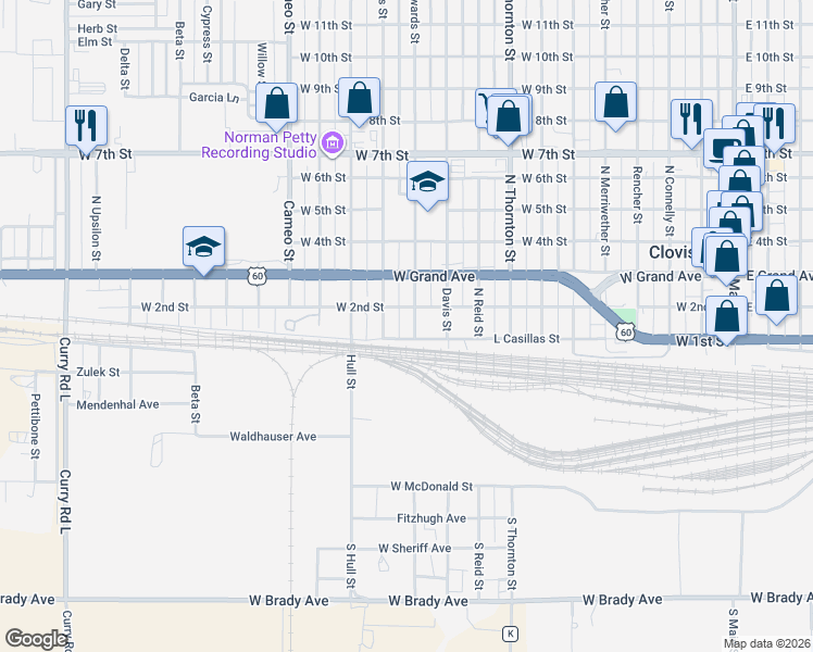 map of restaurants, bars, coffee shops, grocery stores, and more near 160-198 Edwards Street in Clovis