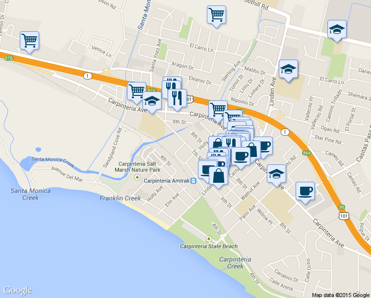 map of restaurants, bars, coffee shops, grocery stores, and more near 4727 7th Street in Carpinteria