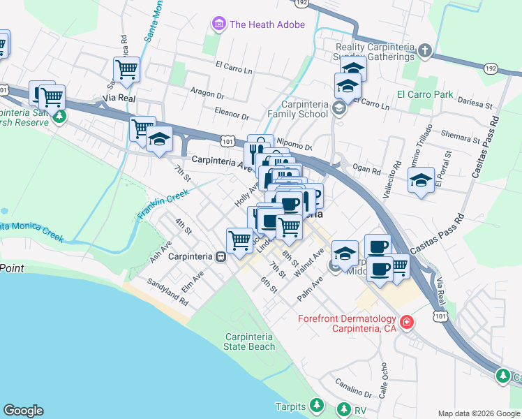 map of restaurants, bars, coffee shops, grocery stores, and more near 4893 9th Street in Carpinteria