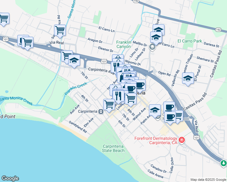 map of restaurants, bars, coffee shops, grocery stores, and more near 838 Holly Avenue in Carpinteria
