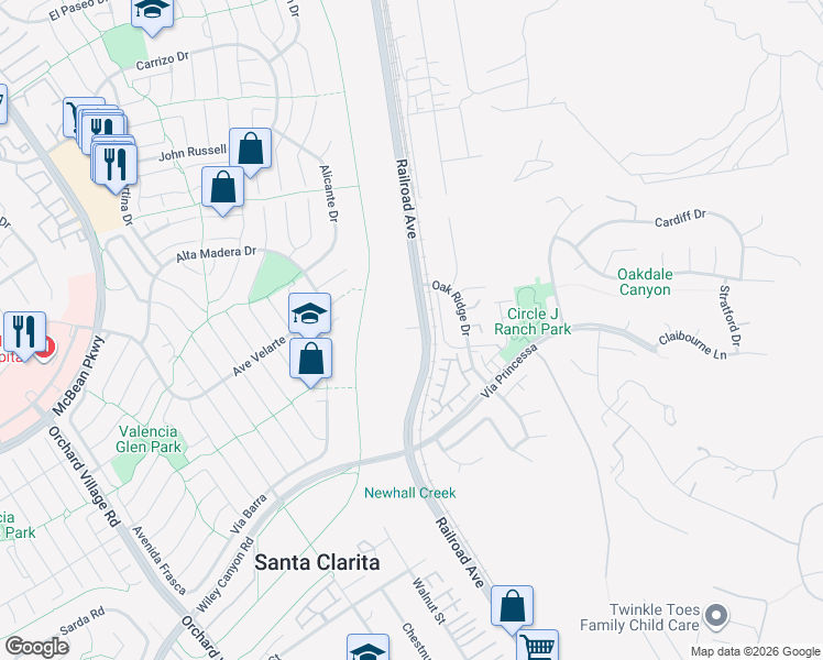 map of restaurants, bars, coffee shops, grocery stores, and more near 25361 Railroad Avenue in Santa Clarita