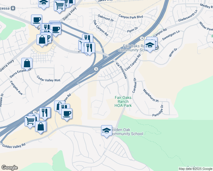 map of restaurants, bars, coffee shops, grocery stores, and more near 26511 Oakdale Canyon Lane in Los Angeles County