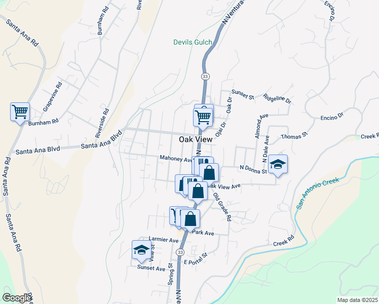 map of restaurants, bars, coffee shops, grocery stores, and more near 159 Bundren Street in Oak View