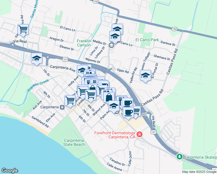 map of restaurants, bars, coffee shops, grocery stores, and more near 1180 Eugenia Place in Carpinteria