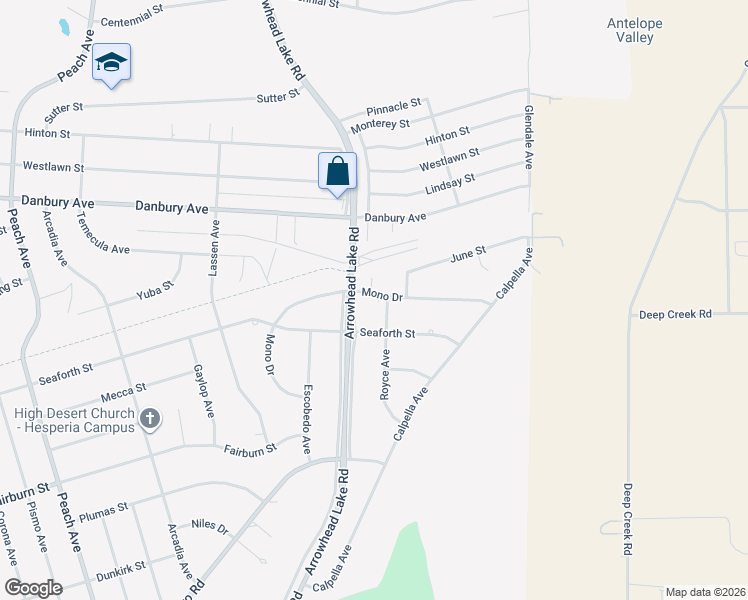 map of restaurants, bars, coffee shops, grocery stores, and more near 18977 Mono Drive in Hesperia