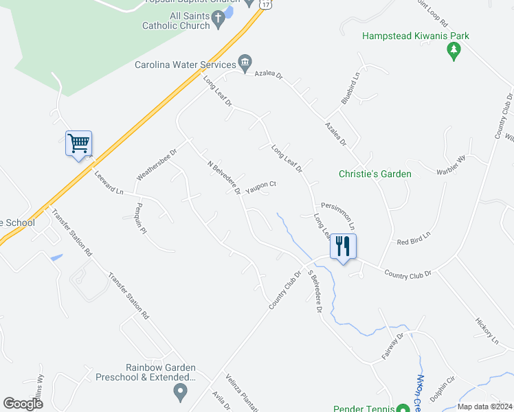 map of restaurants, bars, coffee shops, grocery stores, and more near 105 Southern Magnolia Court in Hampstead