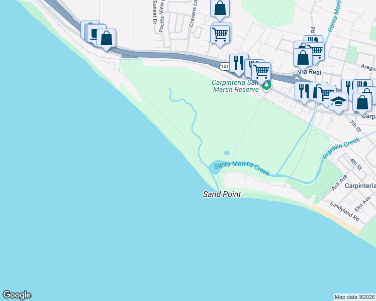 map of restaurants, bars, coffee shops, grocery stores, and more near 591 Sand Point Road in Carpinteria