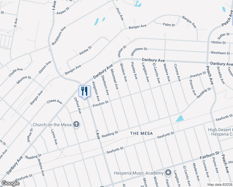 map of restaurants, bars, coffee shops, grocery stores, and more near 8150 Minstead Avenue in Hesperia