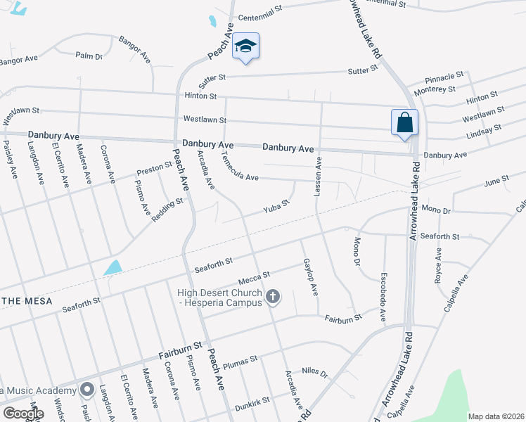 map of restaurants, bars, coffee shops, grocery stores, and more near Yuba Street in Hesperia
