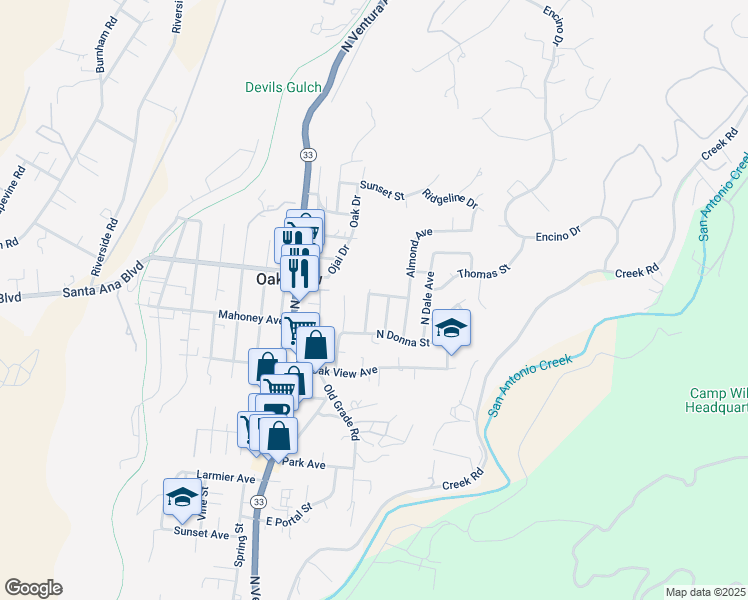 map of restaurants, bars, coffee shops, grocery stores, and more near 80 Pathelen Avenue in Oak View