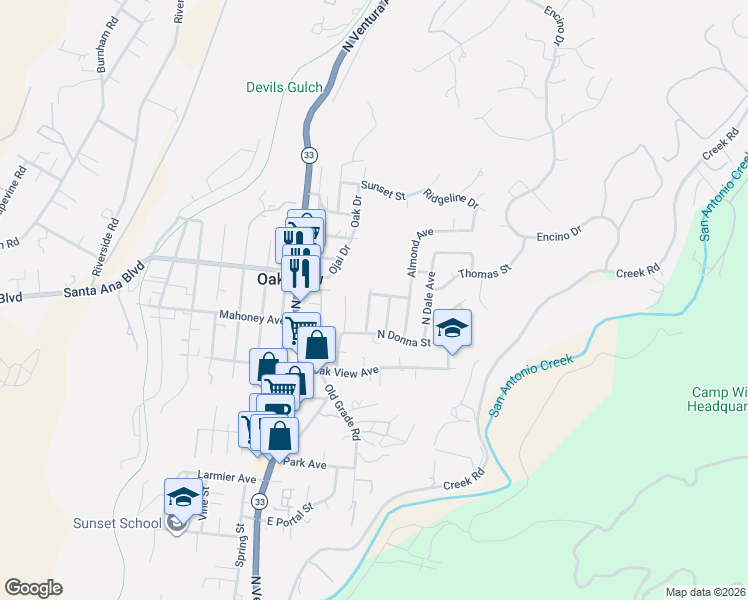 map of restaurants, bars, coffee shops, grocery stores, and more near 80 Pathelen Avenue in Oak View