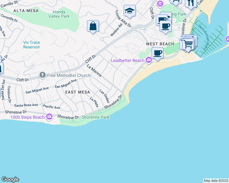 map of restaurants, bars, coffee shops, grocery stores, and more near 1205 Del Mar Avenue in Santa Barbara
