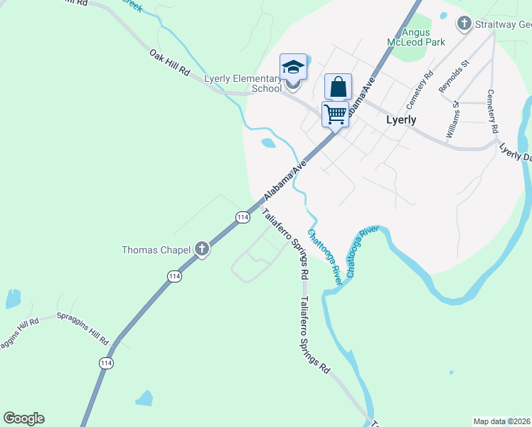 map of restaurants, bars, coffee shops, grocery stores, and more near 7 Taliaferro Springs Road in Lyerly