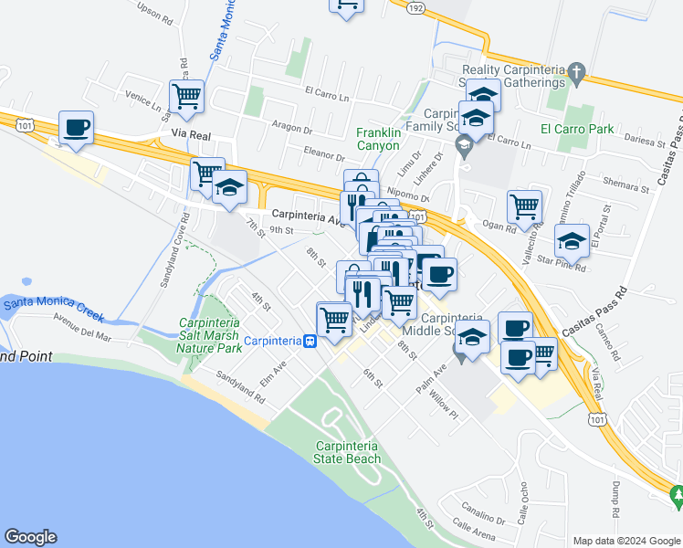 map of restaurants, bars, coffee shops, grocery stores, and more near 838 Holly Avenue in Carpinteria