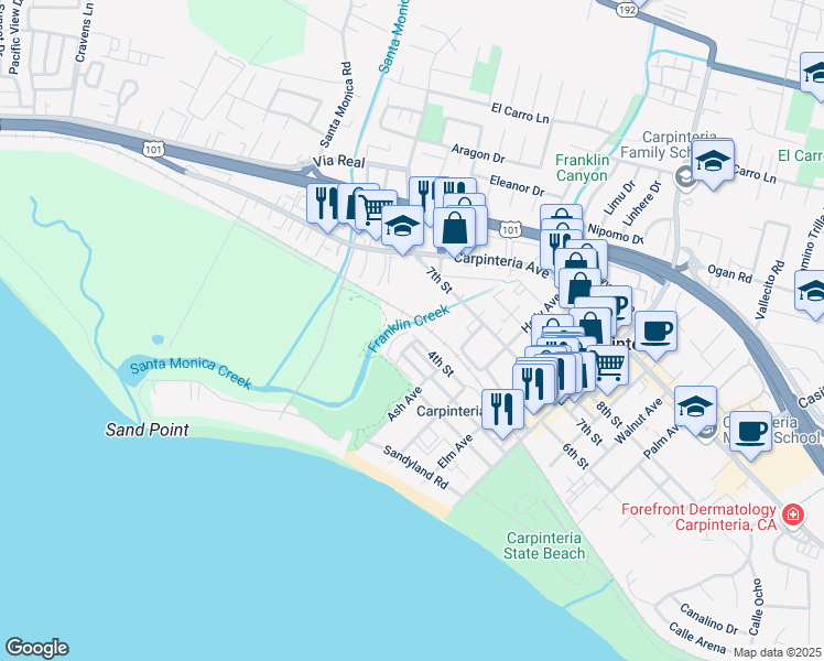 map of restaurants, bars, coffee shops, grocery stores, and more near 4582 4th Street in Carpinteria