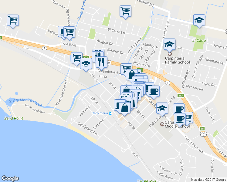 map of restaurants, bars, coffee shops, grocery stores, and more near 765 Holly Avenue in Carpinteria