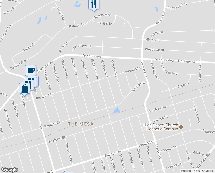 map of restaurants, bars, coffee shops, grocery stores, and more near 8154 Madera Avenue in Hesperia