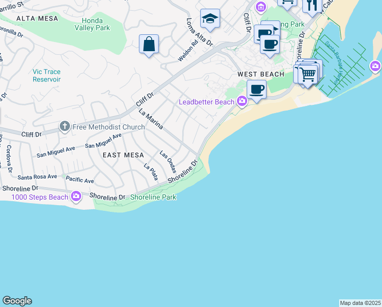 map of restaurants, bars, coffee shops, grocery stores, and more near 1201 Del Oro Avenue in Santa Barbara