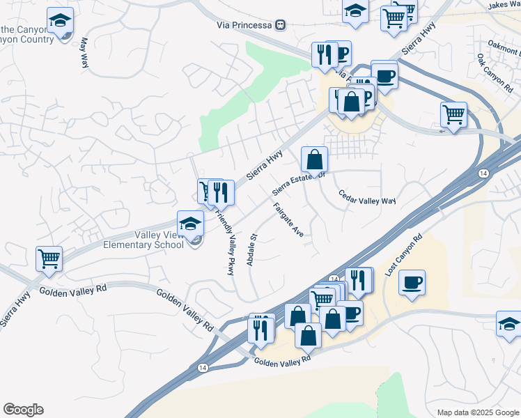 map of restaurants, bars, coffee shops, grocery stores, and more near 19226 Sierra Estates Drive in Santa Clarita