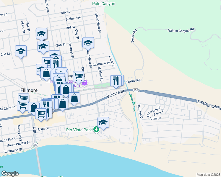 map of restaurants, bars, coffee shops, grocery stores, and more near 203 Santa Clara Street in Fillmore
