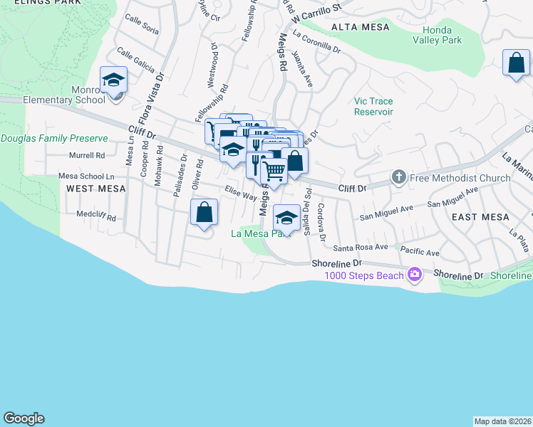 map of restaurants, bars, coffee shops, grocery stores, and more near 220 Meigs Road in Santa Barbara
