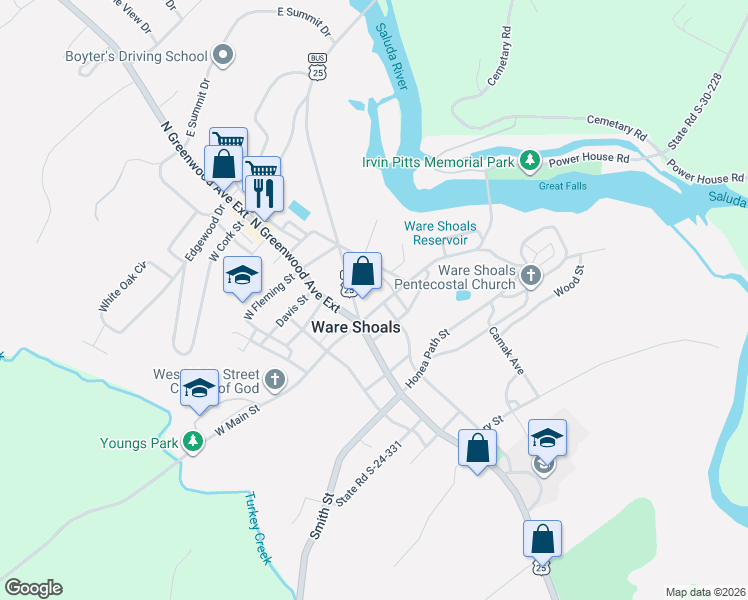 map of restaurants, bars, coffee shops, grocery stores, and more near 5 East Main Street in Ware Shoals