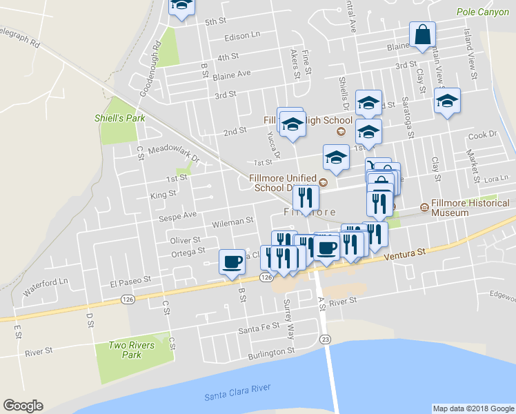 map of restaurants, bars, coffee shops, grocery stores, and more near 362 McCampbell Street in Fillmore