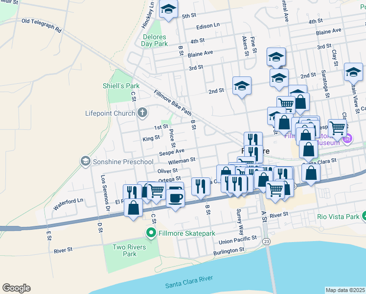 map of restaurants, bars, coffee shops, grocery stores, and more near 933 Sespe Avenue in Fillmore